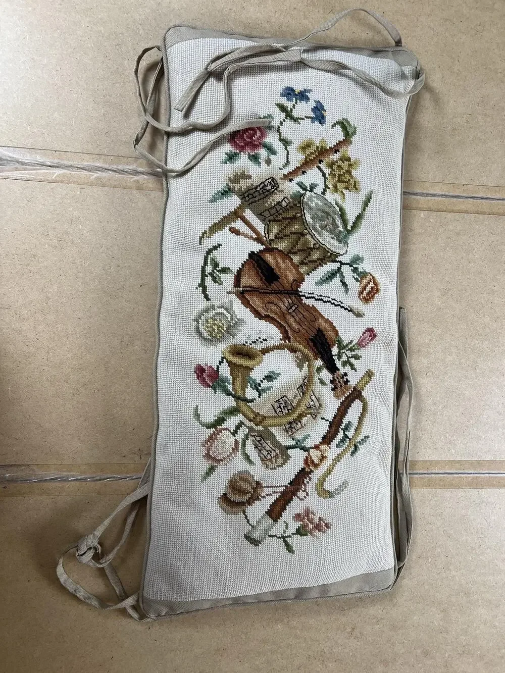 Handmade Bench Cushion Extra Large Beige Cotton Blend Floral Traditional Tie-On